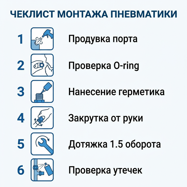 Контрольный список монтажа пневматики из 6 шагов: продувка, проверка кольца, герметик, закрутка, дотяжка, проверка утечек