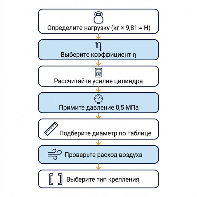 Пошаговый алгоритм подбора пневмоцилиндра — блок-схема