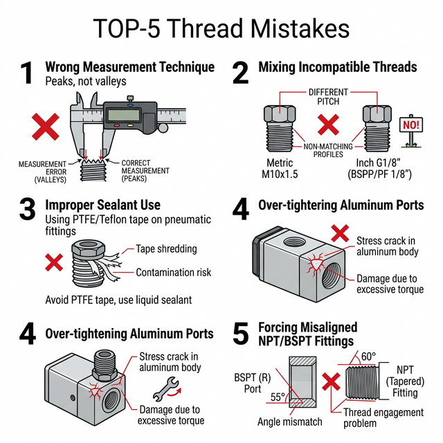 5 типичных ошибок при работе с пневматическими резьбами: ФУМ-лента, G в R, перетяжка, путаница M10 и G1/8, отсутствие О-кольца