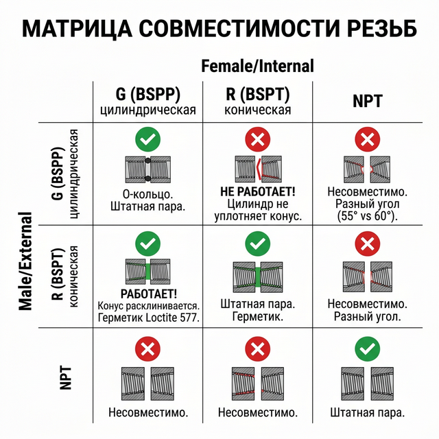 Матрица совместимости пневматических резьб: R-папа в G-маму работает, G-папа в R-маму не работает