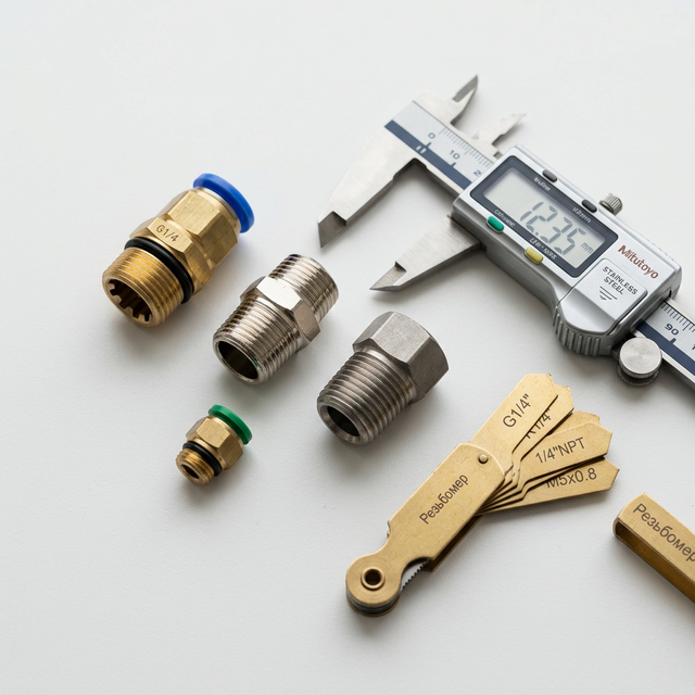 Набор пневматических фитингов разных стандартов резьб: G, R, NPT и метрика со штангенциркулем и резьбомером