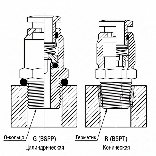 Сечения трёх типов пневматических резьб: G (BSPP) 55&deg; цилиндрическая, R (BSPT) 55&deg; коническая, NPT 60&deg; коническая
