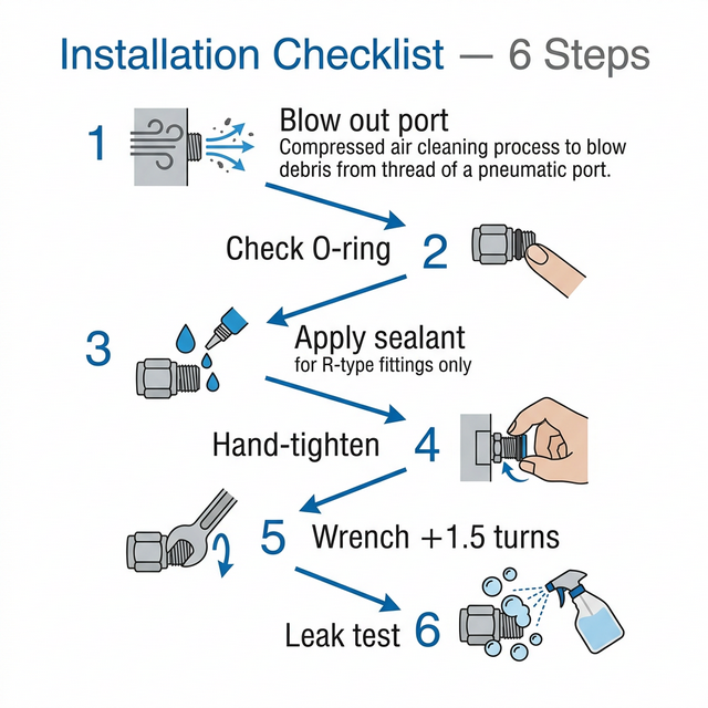 Чеклист монтажа пневматики из 6 шагов: продувка, проверка кольца, герметик, закрутка, дотяжка, проверка утечек