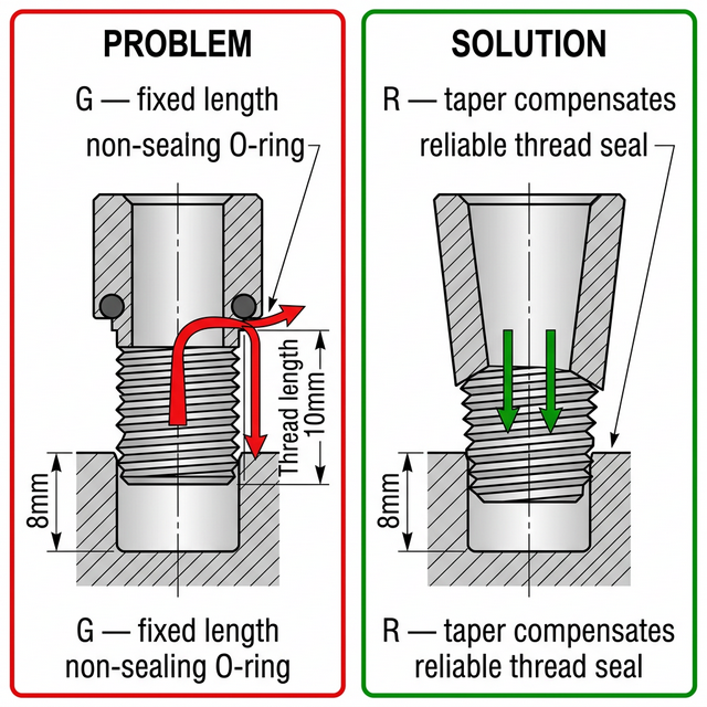 Проблема глубины порта: G-резьба в мелком порту 8 мм вызывает утечку, R-резьба в том же порту уплотняется
