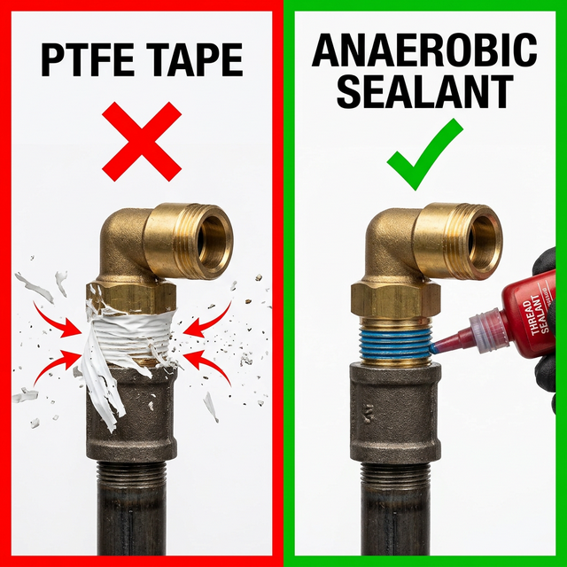 Сравнение ФУМ-ленты и анаэробного герметика: ФУМ-лента загрязняет цилиндр, герметик обеспечивает чистое соединение
