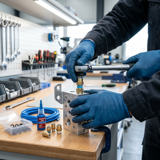 Монтаж пневматического фитинга динамометрическим ключом на алюминиевый блок с анаэробным герметиком