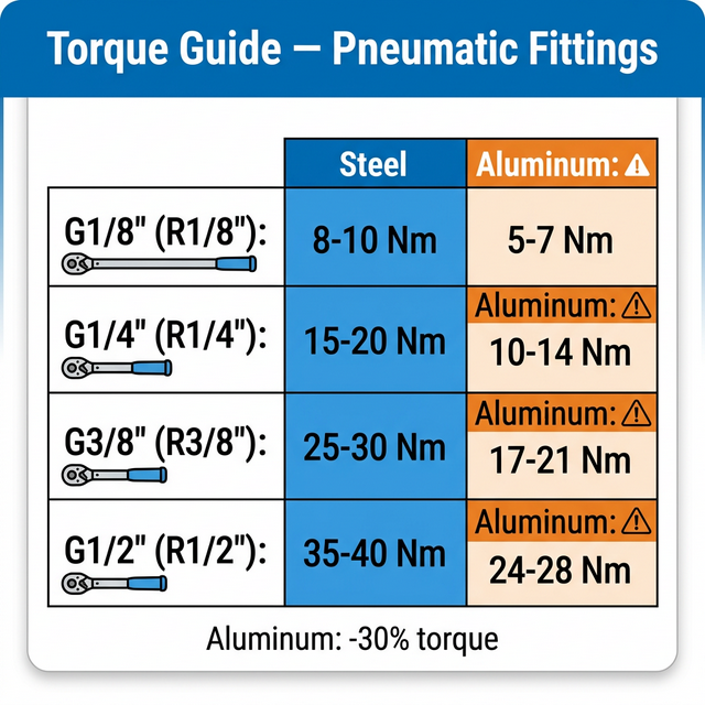 Таблица моментов затяжки пневматических фитингов: G1/8 8-10 Nm, G1/4 15-20 Nm, G3/8 25-30 Nm, G1/2 35-40 Nm