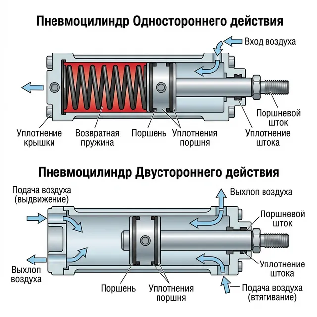 Пневмоцилиндр одностороннего и двустороннего действия — разрез и сравнение