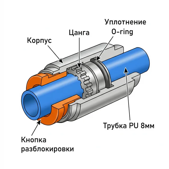 Устройство цангового фитинга в разрезе: корпус, цанга, O-ring