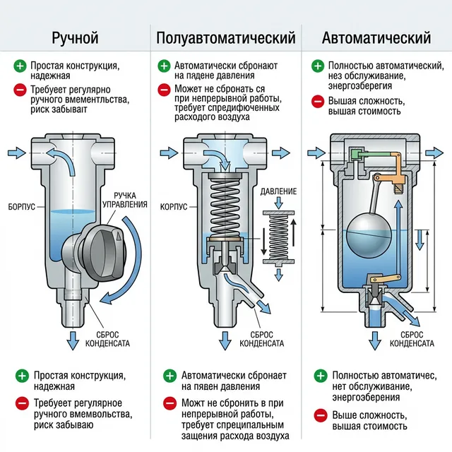 Три типа отвода конденсата: ручной, полуавтоматический и автоматический