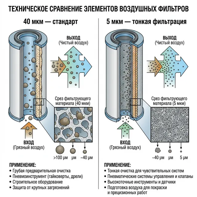 Сравнение фильтрующих элементов 40 мкм и 5 мкм для пневматики