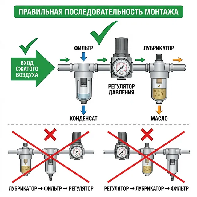 Правильная последовательность монтажа блока подготовки воздуха ФРЛ