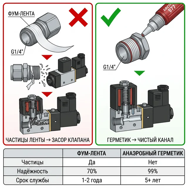 Сравнение ФУМ-ленты и анаэробного герметика для пневматики