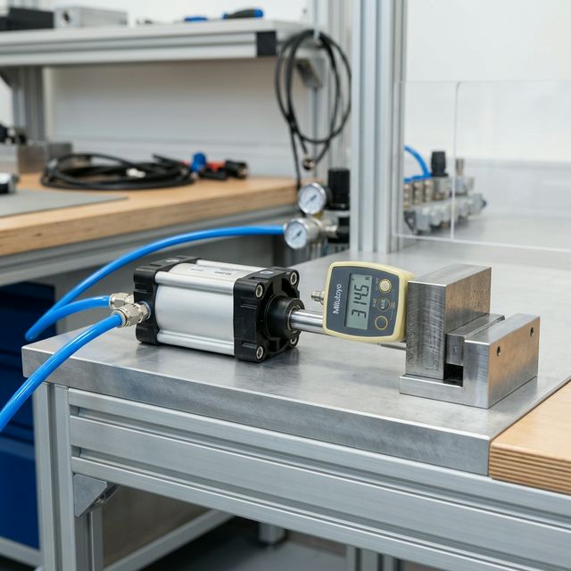 Пневмоцилиндр ISO 15552 на испытательном стенде с цифровым динамометром