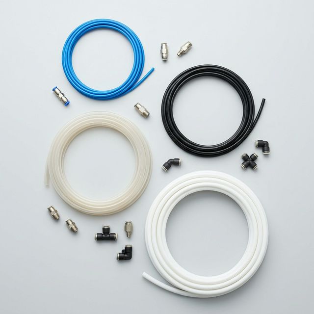 Четыре типа пневматических трубок: синяя PU, чёрная PA12, прозрачная PE и белая ПТФЭ