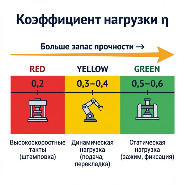 Коэффициент нагрузки η для разных типов пневматических приводов