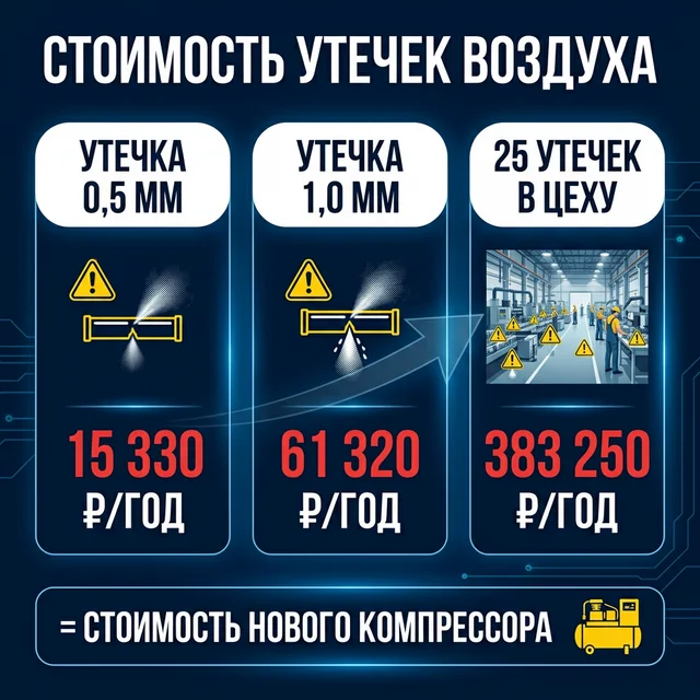 Стоимость утечек воздуха — инфографика: от 15 330 до 383 250 ₽ в год