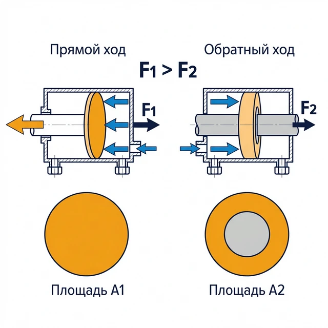 Сравнение усилия прямого и обратного хода пневмоцилиндра
