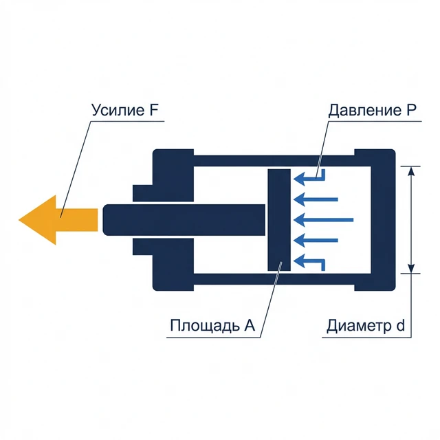 Расчёт усилия пневмоцилиндра — схема в разрезе с формулой F=P×A
