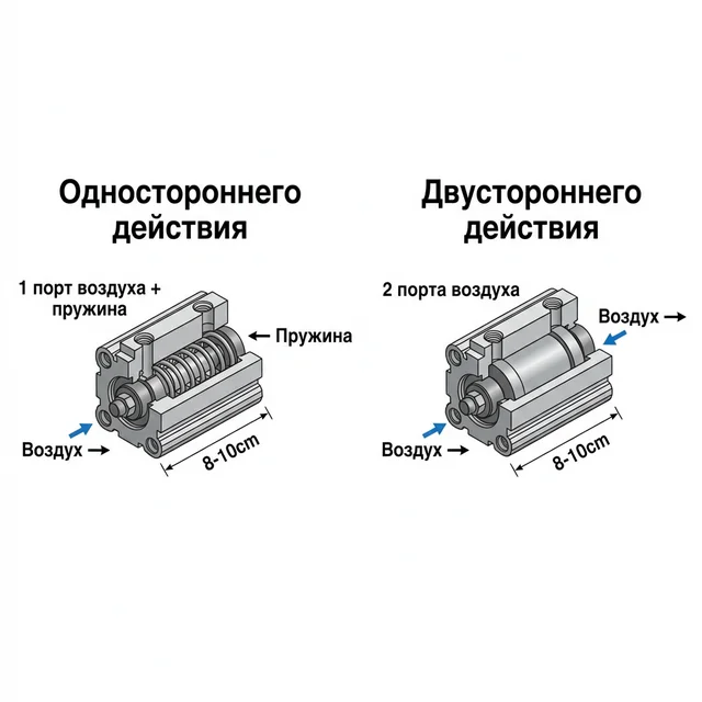 Цилиндр одностороннего и двустороннего действия в разрезе