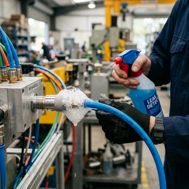 Мыльный тест для поиска утечек пневматики — пузырьки на фитинге