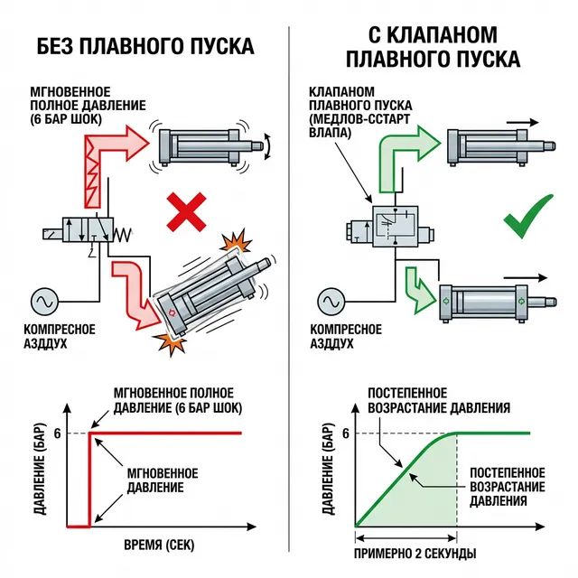 Клапан плавного пуска — сравнение мгновенной и плавной подачи давления в пневмосистеме