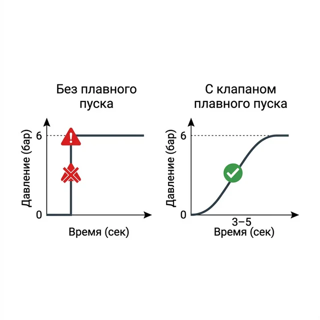 Сравнение графиков давления: без плавного пуска и с клапаном