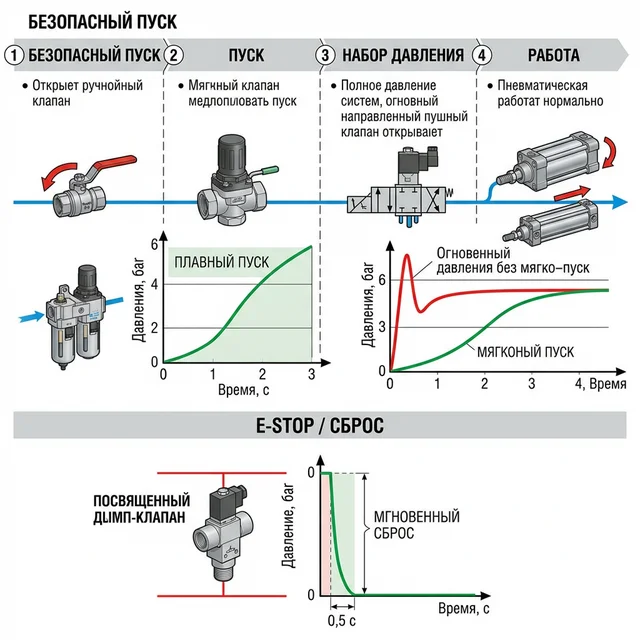 Последовательность безопасного пуска пневмосистемы с soft-start