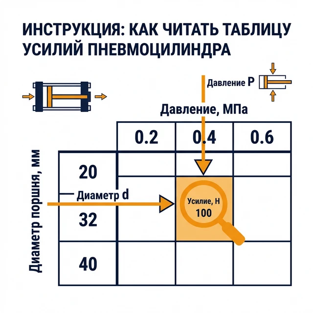 Как пользоваться таблицей усилий пневмоцилиндров