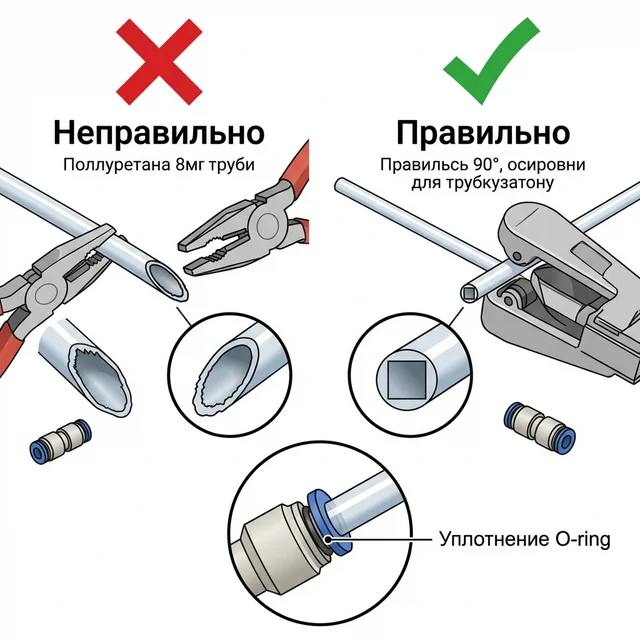 Правильный и неправильный рез трубки для пневматического фитинга