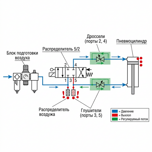 Схема подключения пневмораспределителя 5/2 к пневмоцилиндру с глушителями и дросселями