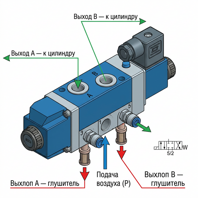 Пневмораспределитель 5/2 маркировка портов P, A, R, B, S