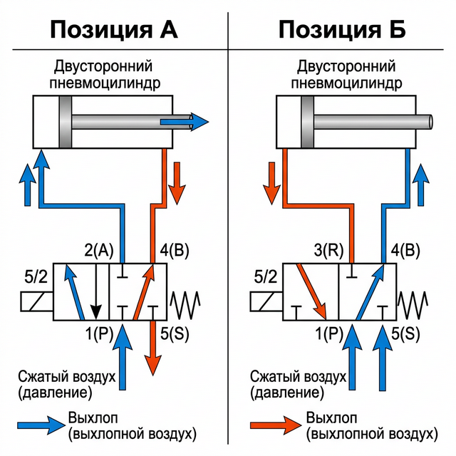Принцип работы пневмораспределителя 5/2 — путь воздуха в позиции А и Б