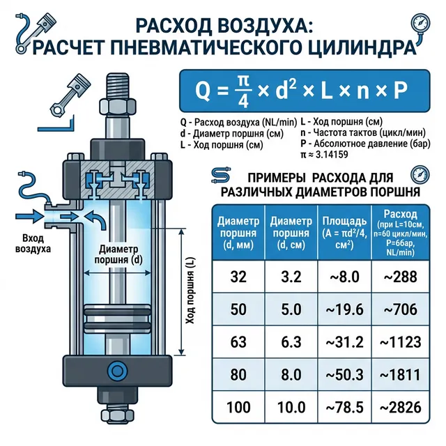 Расчёт расхода воздуха пневмоцилиндра — формула и таблица по типоразмерам