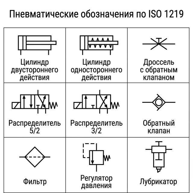 Пневматические обозначения по ISO 1219 — справочник символов