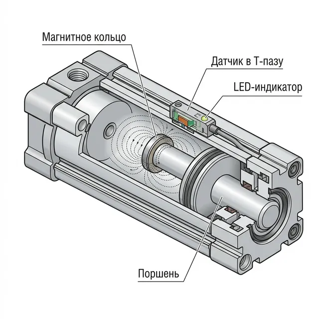 Датчик положения пневмоцилиндра — магнитное кольцо и Т-паз