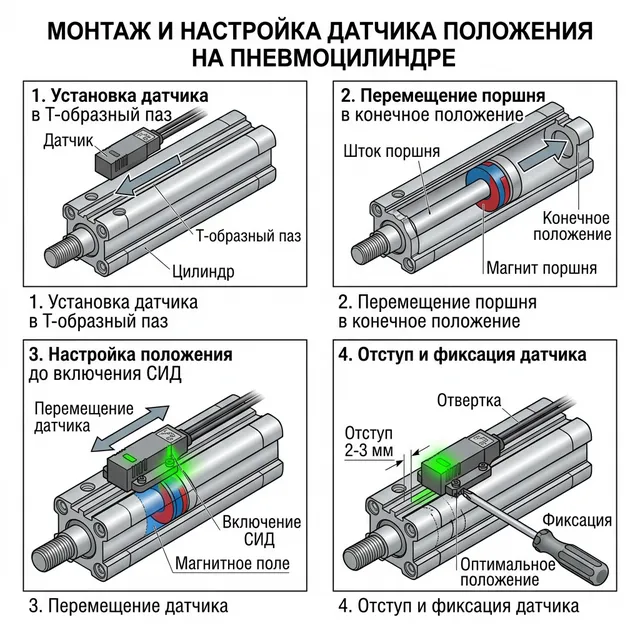 Монтаж датчика положения в паз пневмоцилиндра — правильное позиционирование