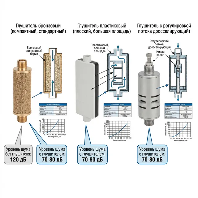 Три типа пневматических глушителей — бронзовый, пластиковый, с регулировкой