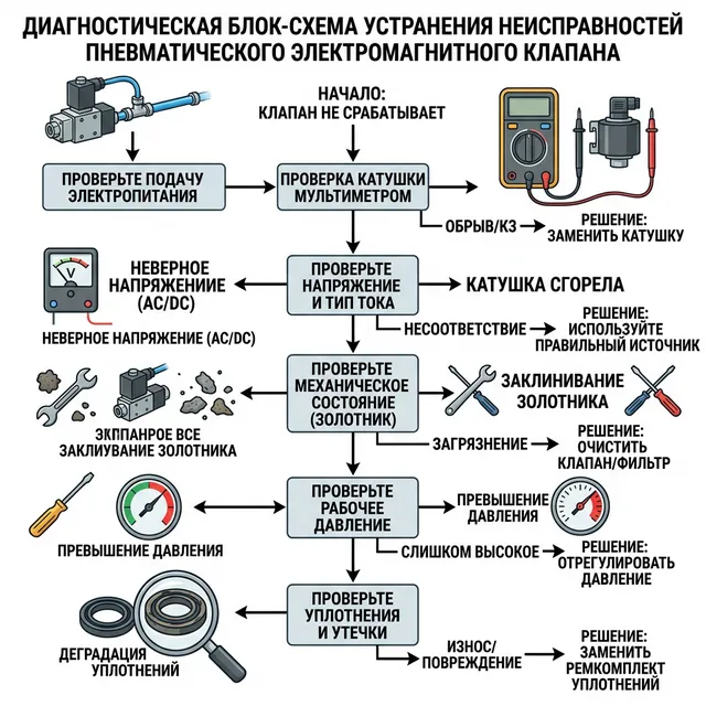 Диагностика электромагнитного клапана — пошаговый алгоритм: электрика → пневматика → механика