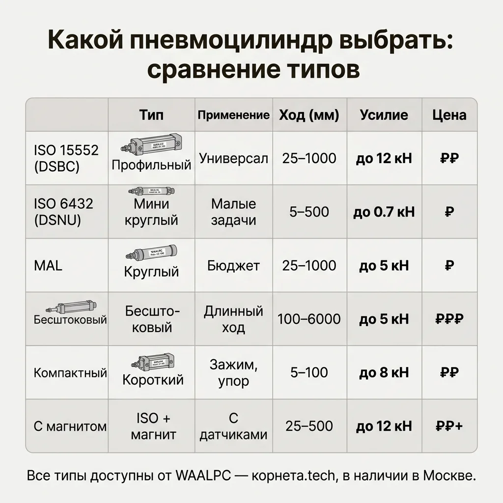 Таблица выбора пневмоцилиндра по диаметру, ходу и усилию
