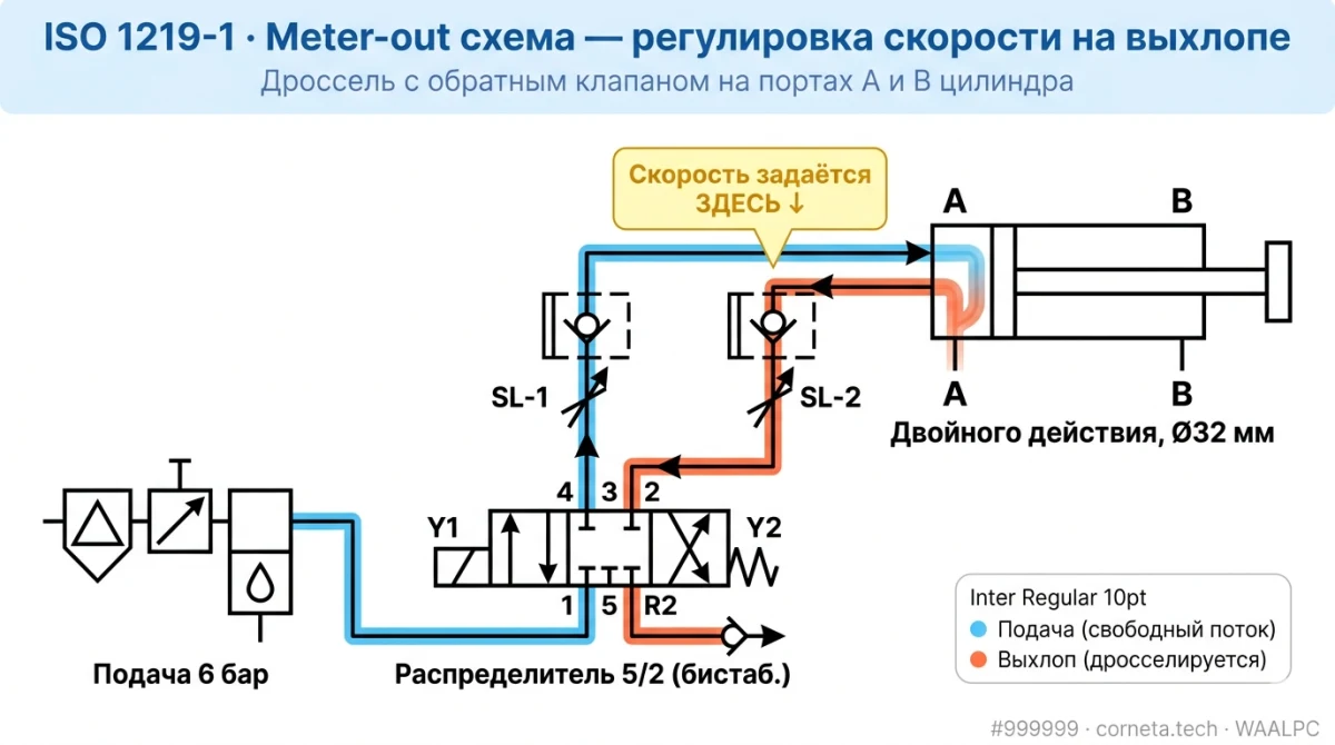 Схема meter-out: дроссели на выхлопе пневмоцилиндра