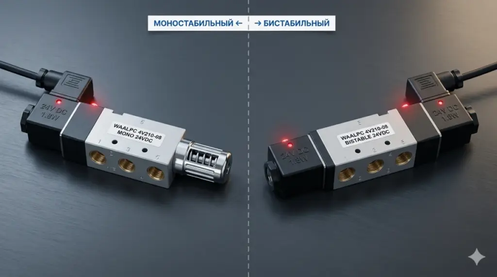 Сравнение моностабильного и бистабильного распределителей WAALPC — пружина vs 2 катушки