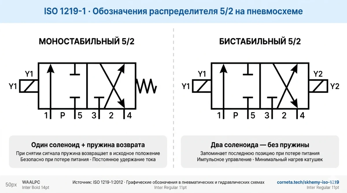 ISO 1219 обозначения: моностабильный (пружина) vs бистабильный (2 соленоида)