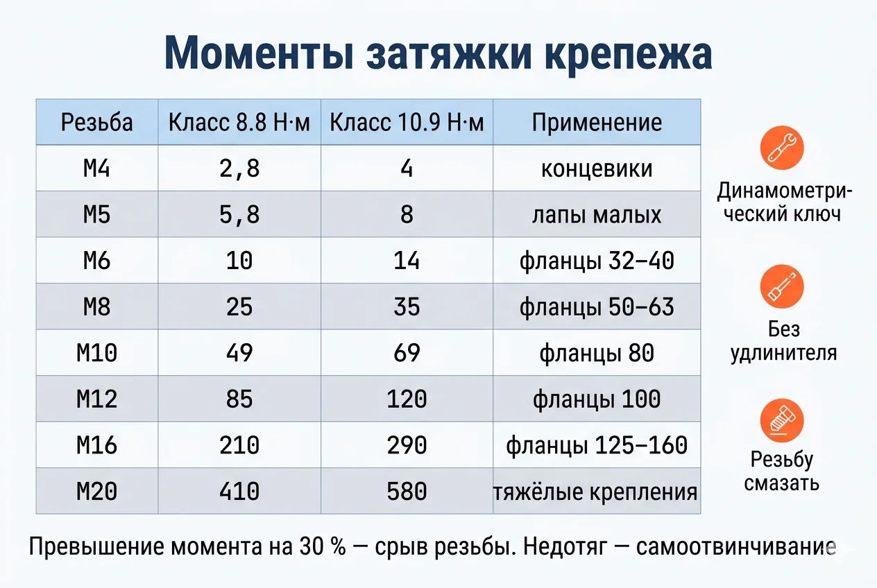 Моменты затяжки крепежа пневмоцилиндра