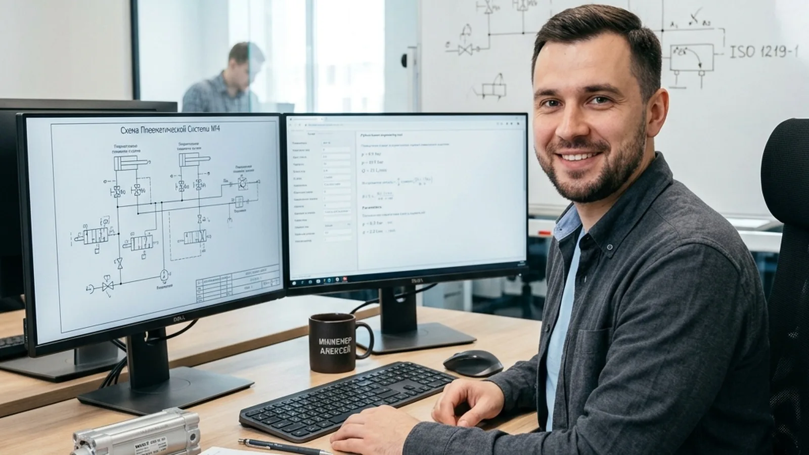 Главный инженер CORNETA.TECH за работой — расчёт пневмосистемы, схема ISO 1219-1