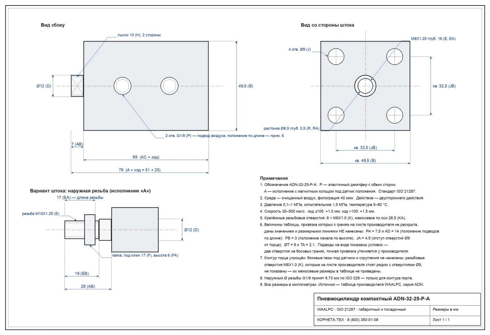 Чертёж пневмоцилиндра ADN-32-25-P-A с размерами