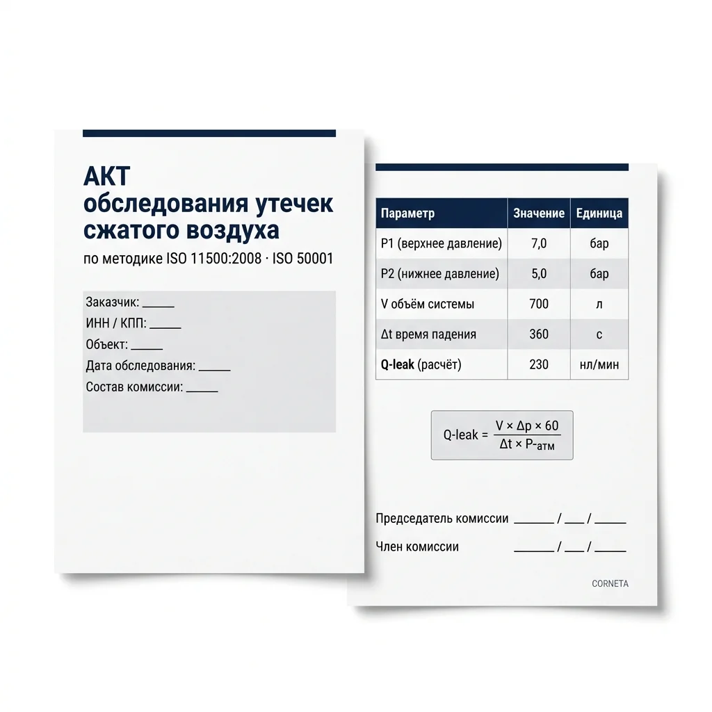 Образец PDF-акта обследования утечек сжатого воздуха — титульный лист с реквизитами и таблица измерений pull-down test с расчётом Q-leak по методике ISO 11500.