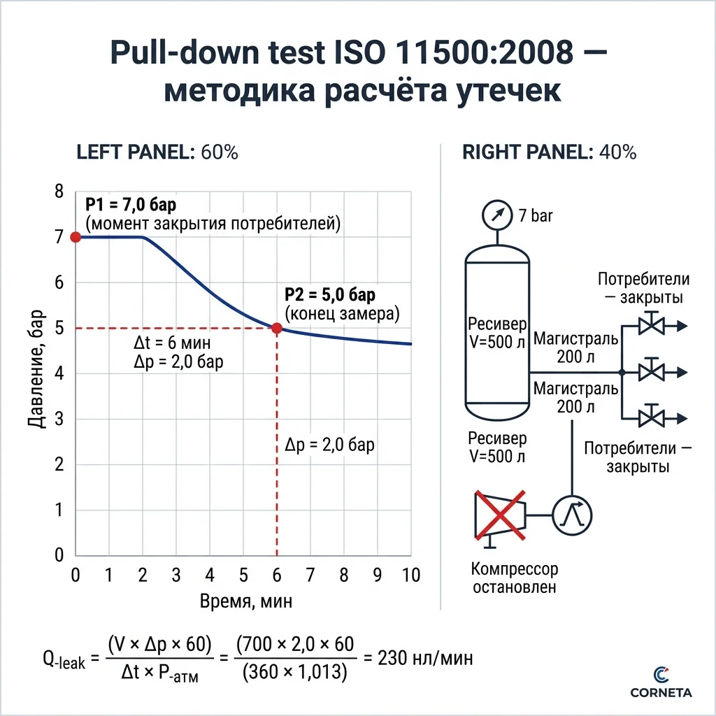 Диаграмма pull-down test ISO 11500 — график падения давления с 7,0 до 5,0 бар за 6 минут и расчёт Q-leak 230 нл/мин для системы 700 литров.