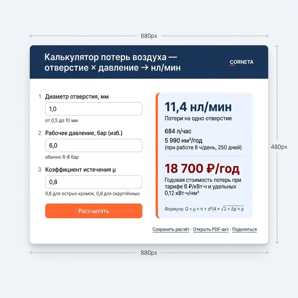 Интерфейс калькулятора потерь воздуха — поля ввода диаметра отверстия, давления и коэффициента истечения, расчёт результата в нл/мин и годовой стоимости в рублях, стиль CORNETA.