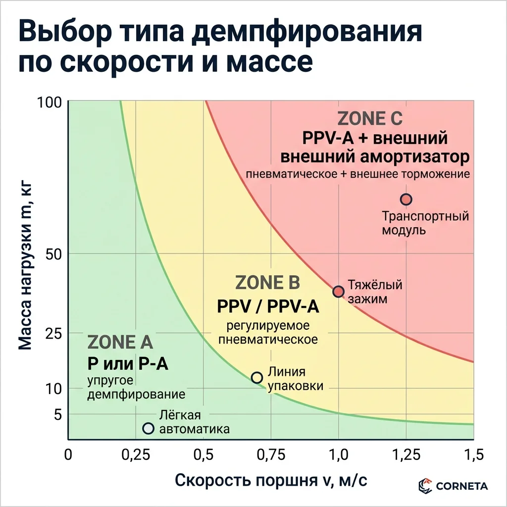 График выбора типа демпфирования пневмоцилиндра по скорости и массе — зелёная зона (P/P-A до 0,5 м/с и 5 кг), жёлтая зона (PPV/PPV-A до 1,0 м/с и 25 кг), красная зона (PPV-A с внешним амортизатором свыше).